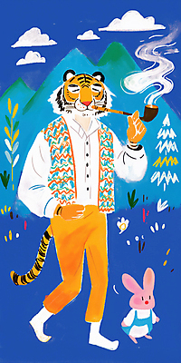 JPG 나무 구름 일러스트 들기 사람없음 파란색 손들기 토끼 호랑이 연기 담뱃대 산맥 국내일러스트 AI일러스트 AI콘텐츠 자연요소 식물 컬러 포유류 모션 산 담배 반려동물 파일형식