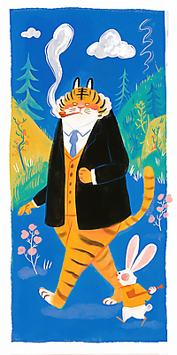 JPG 나무 구름 일러스트 들기 정장 사람없음 파란색 손들기 토끼 호랑이 연기 담뱃대 산맥 국내일러스트 AI일러스트 AI콘텐츠 자연요소 식물 옷 컬러 포유류 모션 산 담배 반려동물 파일형식