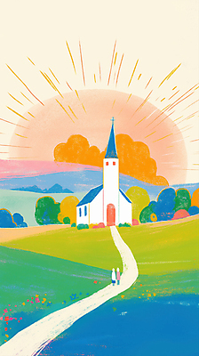 JPG 전신 나무 구름 여자 남자 기독교 길 일러스트 산 초원 성인 두명 빛 태양 교회 하나님 안식처 성인만 국내일러스트 AI일러스트 AI콘텐츠 자연요소 식물 종교 종교건축 휴식 사람 건물 신_종교 파일형식