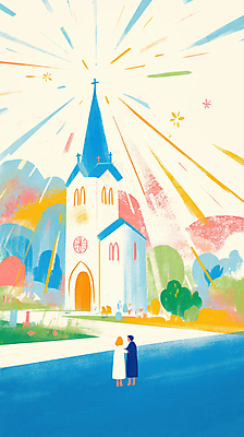 JPG 전신 여자 남자 기독교 길 십자가 일러스트 성인 두명 빛 교회 풀 하나님 안식처 성인만 국내일러스트 AI일러스트 AI콘텐츠 식물 종교 종교건축 휴식 사람 건물 신_종교 파일형식