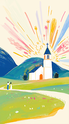 JPG 전신 여자 남자 기독교 길 십자가 일러스트 산 초원 성인 두명 빛 교회 하나님 안식처 성인만 국내일러스트 AI일러스트 AI콘텐츠 종교 종교건축 휴식 사람 건물 신_종교 파일형식