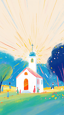 JPG 전신 나무 기독교 어린이 십자가 일러스트 사람 초원 여러명 성인 빛 교회 하나님 군중 안식처 국내일러스트 AI일러스트 AI콘텐츠 식물 종교 다수 종교건축 휴식 건물 신_종교 파일형식