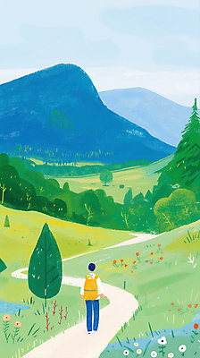 JPG 전신 나무 남자 꽃 일러스트 배낭 자연 하늘 산 한명 풍경 초원 성인 연두색 걷기 매기 산길 성인남자한명만 국내일러스트 AI일러스트 AI콘텐츠 식물 1 길 가방 모션 사람 초록색 생태계 남자한명만 성인남자만 파일형식