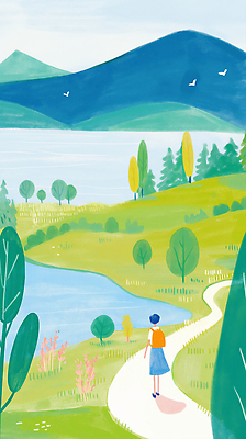 JPG 전신 나무 여자 일러스트 배낭 자연 하늘 산 한명 풍경 초원 성인 연두색 강가 매기 산길 새떼 성인여자한명만 국내일러스트 AI일러스트 AI콘텐츠 식물 1 길 가방 모션 조류 사람 초록색 강 생태계 여자한명만 성인여자만 파일형식