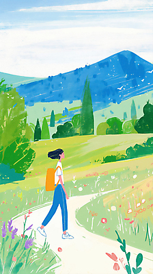 JPG 전신 나무 구름 여자 꽃 일러스트 배낭 자연 하늘 산 한명 풍경 초원 성인 연두색 걷기 매기 산길 성인여자한명만 국내일러스트 AI일러스트 AI콘텐츠 자연요소 식물 1 길 가방 모션 사람 초록색 생태계 여자한명만 성인여자만 파일형식