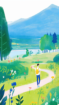 JPG 전신 나무 남자 꽃 일러스트 배낭 자연 산 한명 풍경 초원 성인 연두색 강 걷기 매기 산길 성인남자한명만 국내일러스트 AI일러스트 AI콘텐츠 식물 1 길 가방 모션 사람 초록색 생태계 남자한명만 성인남자만 파일형식