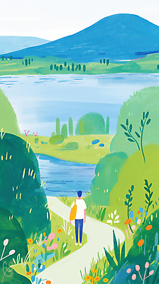 JPG 전신 나무 남자 일러스트 배낭 자연 산 한명 풍경 초원 성인 연두색 걷기 강가 매기 산길 성인남자한명만 국내일러스트 AI일러스트 AI콘텐츠 식물 1 길 가방 모션 사람 초록색 강 생태계 남자한명만 성인남자만 파일형식