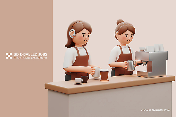 PSD 편집이미지 여자 주전자 직업캐릭터 미소 들기 상반신 성인 두명 갈색 3D 앞치마 머그컵 작업 커피잔 커피메이커 바리스타 보청기 테이크아웃컵 성인여자만 청각장애인 편집3D 직업 캐릭터 커피 컬러 모션 주방용품 잔 표정 사람 컵 장애인 디지털합성 커피용품 여자만 성인만 파일형식