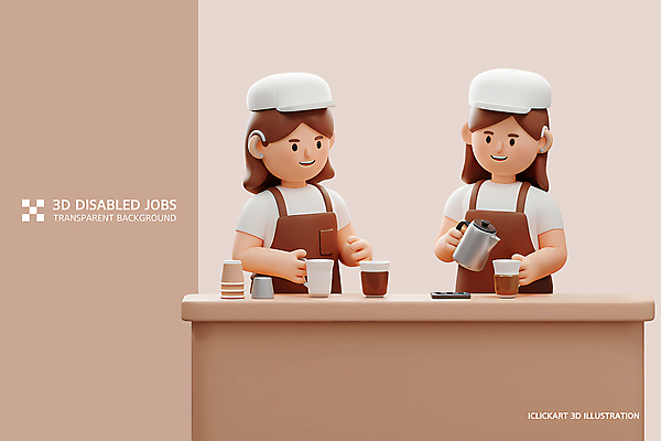 PSD 편집이미지 여자 주전자 직업캐릭터 미소 들기 상반신 성인 두명 갈색 3D 앞치마 머그컵 붓기 종이컵 바리스타 베레모 라떼 보청기 테이크아웃컵 성인여자만 편집3D 직업 캐릭터 모자_잡화 커피 컬러 모션 주방용품 표정 사람 컵 일회용 디지털합성 여자만 성인만 파일형식