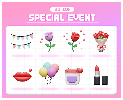 PSD 아이콘 기념일 리본 분홍색 꽃다발 이벤트 신체부위 세트 3D아이콘 장미 3D 립스틱 달력 하트 입술 오브젝트 풍선 가랜드 엘리먼트 편집3D 모양 꽃 컬러 사람 화장품 디지털합성 파티용품 파일형식