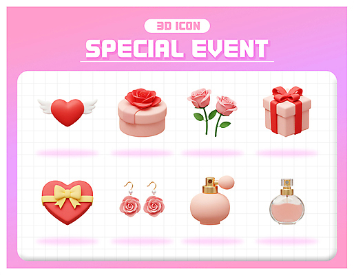 PSD 아이콘 기념일 리본 분홍색 날개 이벤트 사람없음 선물상자 세트 3D아이콘 장미 3D 귀걸이 하트 향수 오브젝트 엘리먼트 편집3D 모양 꽃 컬러 장신구 선물 상자 화장품 디지털합성 파일형식