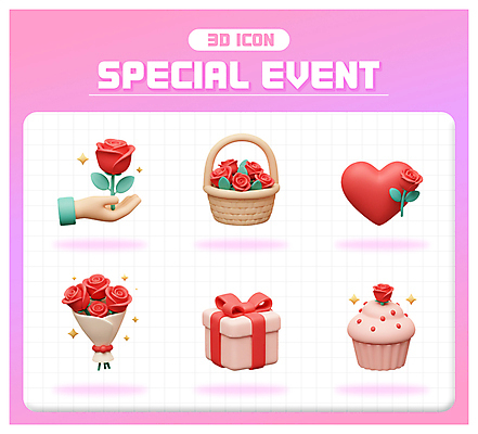 PSD 아이콘 손 기념일 리본 분홍색 꽃다발 들기 이벤트 신체부위 선물상자 반짝임 세트 3D아이콘 장미 3D 하트 컵케이크 오브젝트 꽃바구니 엘리먼트 스프링클 편집3D 모양 꽃 컬러 모션 선물 사람 장식 상자 바구니 케이크 디지털합성 파일형식