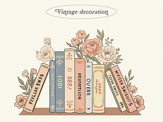 꽃 일러스트 사람없음 장식 책 빈티지 여러권 국내일러스트 AI파일 식물 다수 컨셉 파일형식 벡터