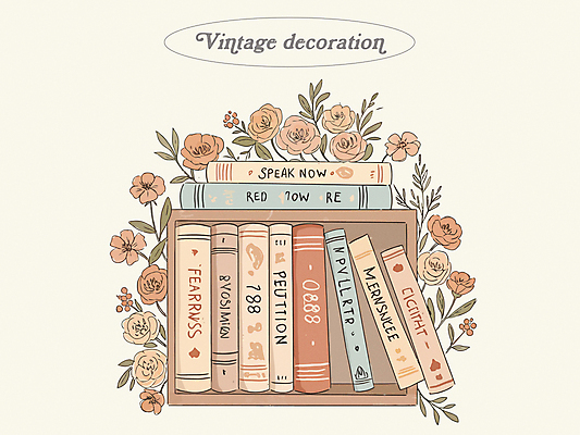 꽃 일러스트 책장 사람없음 장식 책 빈티지 여러권 베이지색 국내일러스트 AI파일 식물 컬러 가구 다수 컨셉 파일형식 벡터