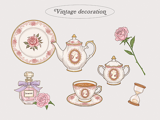 접시 리본 분홍색 잎 일러스트 티타임 사람없음 장식 장미 빈티지 클래식 찻잔 찻주전자 컵받침 모래시계 향수병 국내일러스트 AI파일 식물 식기 꽃 모래 시계 컬러 컨셉 주전자 휴식 잔 받침대 향수 병_담는 파일형식 벡터