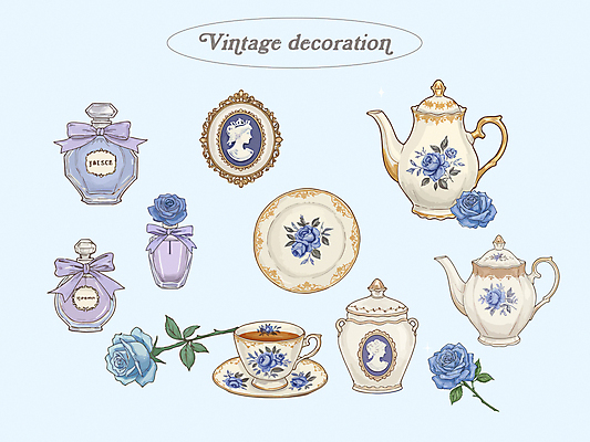 접시 리본 하늘색 잎 일러스트 티타임 사람없음 장식 장미 빈티지 클래식 찻잔 찻주전자 컵받침 향수병 국내일러스트 AI파일 식물 식기 꽃 컨셉 주전자 휴식 잔 파란색 받침대 향수 병_담는 파일형식 벡터