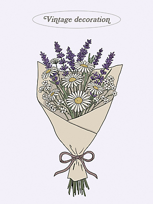 리본 꽃다발 일러스트 사람없음 장식 빈티지 데이지 연보라색 라벤더 국내일러스트 AI파일 꽃 컨셉 보라색 허브 파일형식 벡터