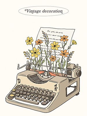 종이 일러스트 사람없음 장식 들꽃 빈티지 타자기 아이보리 국내일러스트 AI파일 꽃 컬러 컨셉 골동품 파일형식 벡터