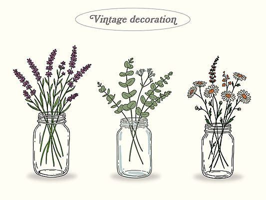 일러스트 유리병 사람없음 장식 꽃병 빈티지 데이지 라벤더 아이보리 유칼립투스 국내일러스트 AI파일 식물 꽃 컬러 컨셉 병_용기 허브 파일형식 벡터
