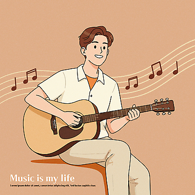 남자 연주 음표 일러스트 노래 한명 들기 앉기 성인 라이프 갈색 기타 성인남자한명만 국내일러스트 AI파일 1 기호 음악 컬러 모션 현악기 사람 생활 남자한명만 성인남자만 파일형식 벡터