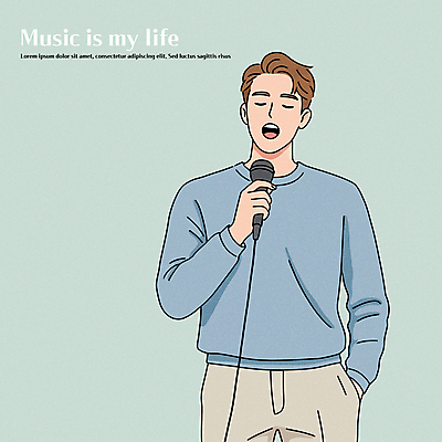 남자 일러스트 노래 한명 상반신 성인 라이프 눈감음 잡기 마이크 주머니손 민트색 성인남자한명만 국내일러스트 AI파일 1 음악 컬러 음향기기 모션 사람 생활 남자한명만 성인남자만 파일형식 벡터