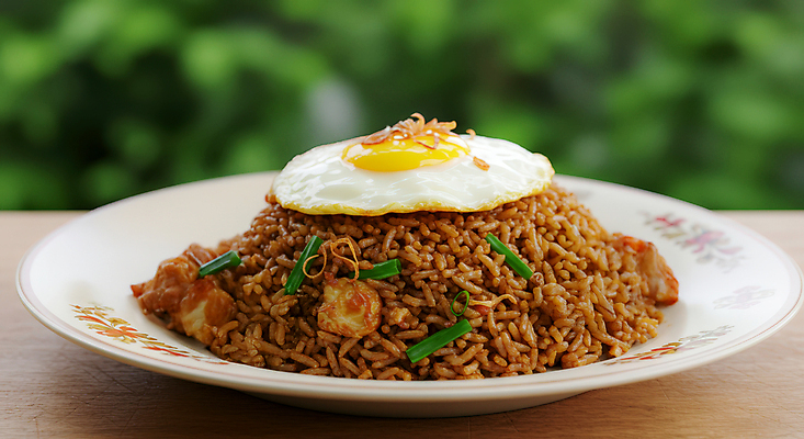 JPG 편집이미지 접시 새우 사람없음 쌀 풀 계란프라이 인도네시아 쪽파 나무탁자 편집실사 인도네시아음식 나시고랭 AI포토 AI콘텐츠 식물 식기 아시아 음식 탁자 곡류 갑각류 계란요리 CG 볶음밥 파 동양음식 파일형식