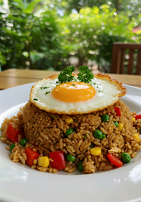 JPG 편집이미지 접시 파프리카 파슬리 사람없음 쌀 풀 계란프라이 완두콩 인도네시아 나무탁자 옥수수콘 편집실사 인도네시아음식 나시고랭 AI포토 AI콘텐츠 식물 식기 아시아 음식 채소 탁자 콩 곡류 옥수수 계란요리 CG 볶음밥 동양음식 파일형식