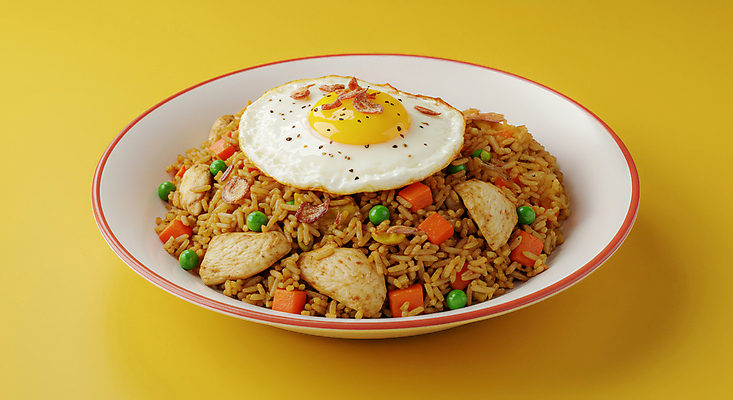 JPG 편집이미지 접시 사람없음 노란색 당근 쌀 계란프라이 완두콩 인도네시아 닭가슴살 후추가루 편집실사 인도네시아음식 나시고랭 AI포토 AI콘텐츠 식기 아시아 음식 컬러 콩 곡류 뿌리채소 닭고기 계란요리 가루 CG 볶음밥 동양음식 파일형식