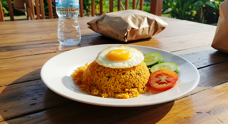 JPG 편집이미지 접시 토마토 오이 그림자 사람없음 종이봉투 쌀 계란프라이 물통 슬라이스 인도네시아 나무탁자 편집실사 인도네시아음식 나시고랭 AI포토 AI콘텐츠 식기 아시아 음식 채소 탁자 봉투 곡류 계란요리 CG 볶음밥 동양음식 파일형식