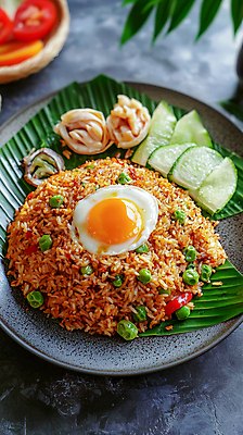 JPG 편집이미지 그릇 오이 사람없음 쌀 계란프라이 완두콩 슬라이스 홍고추 인도네시아 열대잎 편집실사 인도네시아음식 나시고랭 AI포토 AI콘텐츠 식기 아시아 음식 잎 채소 고추 콩 곡류 계란요리 CG 볶음밥 동양음식 파일형식