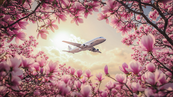 JPG 구름 편집이미지 로우앵글 분홍색 하늘 비행기 꽃나무 사람없음 햇빛 봄 숲 꽃봉오리 목련나무 자목련 편집실사 AI포토 AI콘텐츠 자연요소 나무 계절 꽃 뷰포인트 컬러 항공교통 대중교통 태양 CG 목련 파일형식