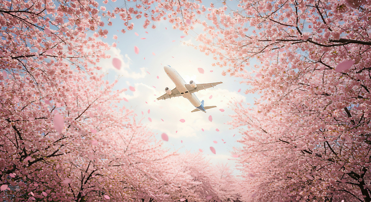 JPG 구름 편집이미지 꽃잎 로우앵글 분홍색 하늘 비행기 꽃나무 사람없음 햇빛 봄 벚나무 숲 편집실사 AI포토 AI콘텐츠 자연요소 나무 계절 꽃 뷰포인트 컬러 항공교통 대중교통 태양 벚꽃 CG 파일형식