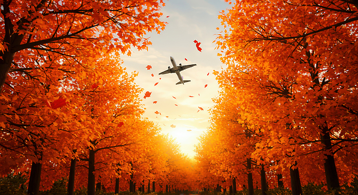 JPG 구름 편집이미지 로우앵글 하늘 단풍나무 비행기 사람없음 햇빛 노을 주황색 가을 숲 편집실사 AI포토 AI콘텐츠 자연요소 나무 계절 뷰포인트 컬러 단풍 항공교통 대중교통 태양 CG 파일형식