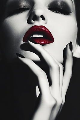 JPG 편집이미지 여자 얼굴 흑백 한명 손짓 성인 빨간색 화장 눈감음 검은색 어둠 네일아트 고개들기 빨간립스틱 시크 콘크리트 의료성형뷰티 성인여자한명만 편집실사 AI인물포토 AI콘텐츠 1 컬러 모션 촬영기법 사람 신체부위 뷰티 CG 여자한명만 성인여자만 파일형식 AI포토