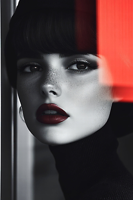 JPG 편집이미지 여자 얼굴 흑백 한명 성인 빨간색 검은색 어둠 보케 빨간립스틱 주근깨 시크 의료성형뷰티 성인여자한명만 편집실사 AI인물포토 AI콘텐츠 1 컬러 촬영기법 사람 신체부위 점 CG 여자한명만 성인여자만 파일형식 AI포토