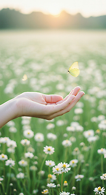 JPG 편집이미지 손 나비 꽃밭 야외 신체부위 연두색 햇빛 노을 봄풍경 들꽃 봄향기 편집실사 AI인물포토 AI콘텐츠 자연요소 꽃 곤충 사람 풍경 초록색 태양 봄 CG 파일형식 AI포토