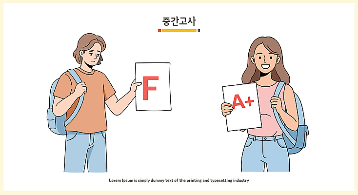 여자 남자 대학생 일러스트 미소 들기 성인 두명 기쁨 슬픔 잡기 시험지 백팩 에이플러스 F 우울감 중간고사 성인만 국내일러스트 AI파일 학생 알파벳 감정 가방 모션 표정 사람 시험 점수 파일형식 벡터