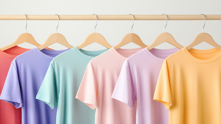 JPG 편집이미지 옷 사람없음 반팔티셔츠 옷걸이 일렬 섬유 옷장정리 파스텔톤 옷정리 편집실사 AI포토 AI콘텐츠 컬러 티셔츠 직물 CG 정리 파일형식