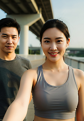 JPG 편집이미지 커플 여자 남자 미소 상반신 성인 두명 운동복 운동 강가 무선이어폰 가교 의료성형뷰티 성인만 편집실사 AI인물포토 AI콘텐츠 건축물 옷 이어폰 관계 표정 건강 사람 강 CG 파일형식 AI포토
