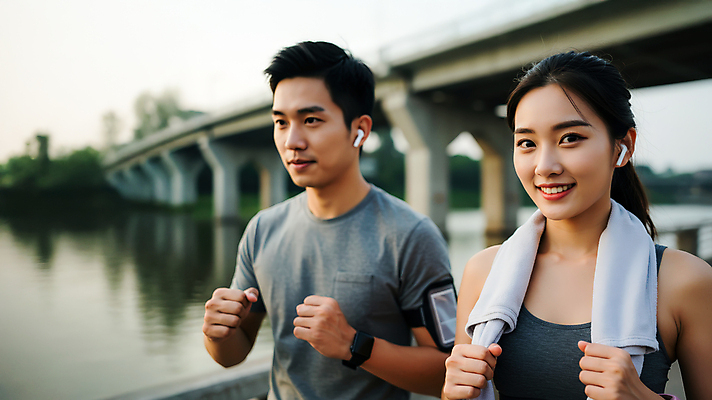 JPG 편집이미지 커플 여자 남자 미소 상반신 성인 두명 운동복 수건 달리기 조깅 강가 무선이어폰 가교 의료성형뷰티 성인만 편집실사 AI인물포토 AI콘텐츠 건축물 옷 이어폰 관계 모션 표정 사람 강 위생용품 운동 CG 파일형식 AI포토