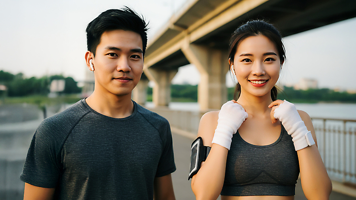 JPG 편집이미지 커플 여자 남자 장갑 미소 상반신 성인 두명 운동복 운동 손들기 강가 무선이어폰 가교 의료성형뷰티 성인만 편집실사 AI인물포토 AI콘텐츠 건축물 잡화 옷 이어폰 관계 모션 표정 건강 사람 강 CG 파일형식 AI포토