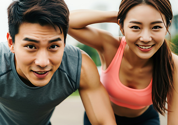 JPG 편집이미지 커플 여자 남자 허리숙이기 미소 상반신 성인 두명 운동복 운동 손들기 의료성형뷰티 성인만 편집실사 AI인물포토 AI콘텐츠 옷 관계 모션 표정 건강 숙이기 사람 CG 파일형식 AI포토