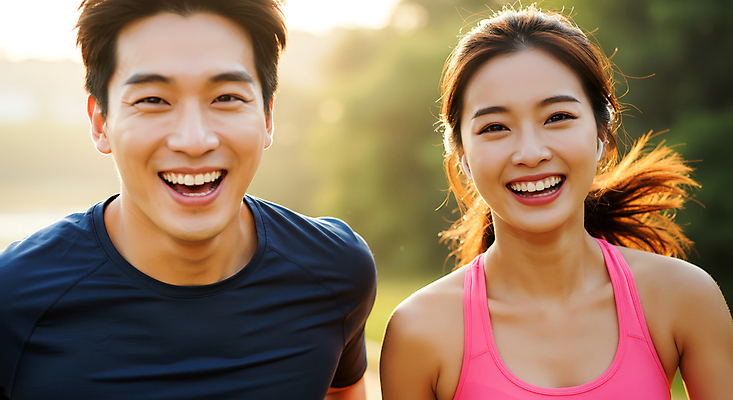 JPG 편집이미지 커플 여자 남자 미소 상반신 성인 두명 운동복 달리기 조깅 햇빛 무선이어폰 의료성형뷰티 성인만 편집실사 AI인물포토 AI콘텐츠 옷 이어폰 관계 모션 표정 사람 운동 태양 CG 파일형식 AI포토