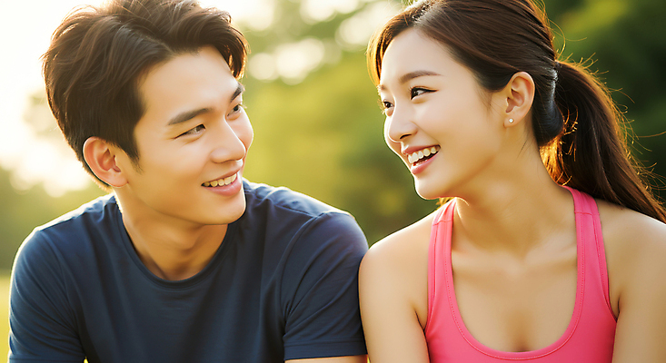 JPG 편집이미지 커플 여자 남자 미소 상반신 성인 두명 운동복 운동 햇빛 마주보기 의료성형뷰티 성인만 편집실사 AI인물포토 AI콘텐츠 옷 관계 모션 표정 건강 사람 태양 CG 파일형식 AI포토