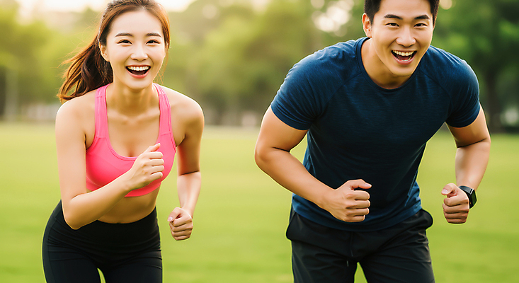 JPG 편집이미지 커플 여자 남자 미소 잔디 상반신 성인 두명 운동복 달리기 조깅 햇빛 디지털시계 의료성형뷰티 성인만 편집실사 AI인물포토 AI콘텐츠 식물 옷 시계 관계 모션 표정 사람 운동 태양 CG 파일형식 AI포토