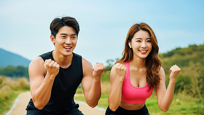 JPG 편집이미지 커플 여자 남자 길 하늘 허리숙이기 미소 잔디 상반신 성인 두명 운동복 운동 손들기 주먹 무선이어폰 의료성형뷰티 성인만 편집실사 AI인물포토 AI콘텐츠 식물 옷 이어폰 관계 모션 표정 건강 숙이기 사람 CG 파일형식 AI포토