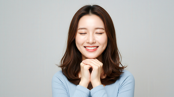 JPG 편집이미지 여자 한명 미소 상반신 성인 앞모습 눈감음 손모으기 의료성형뷰티 성인여자한명만 편집실사 IC뷰티큐레이션 AI인물포토 AI콘텐츠 1 뷰포인트 모션 표정 사람 손짓 CG 여자한명만 성인여자만 파일형식 AI포토