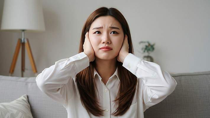 JPG 편집이미지 여자 쿠션 거실 조명 스트레스 한명 상반신 성인 소파 고통 찡그림 귀막기 층간소음 의료성형뷰티 성인여자한명만 편집실사 AI인물포토 AI콘텐츠 1 감정 의자 표정 사람 손짓 CG 소음 여자한명만 성인여자만 파일형식 AI포토