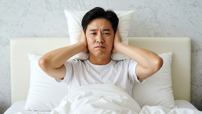 JPG 편집이미지 남자 중년 베개 스트레스 한명 앉기 상반신 침실 이불 고통 침대 찡그림 귀막기 층간소음 의료성형뷰티 중년남자한명만 편집실사 AI인물포토 AI콘텐츠 1 감정 가구 침구 모션 표정 사람 손짓 성인 CG 소음 남자한명만 중년남자만 파일형식 AI포토