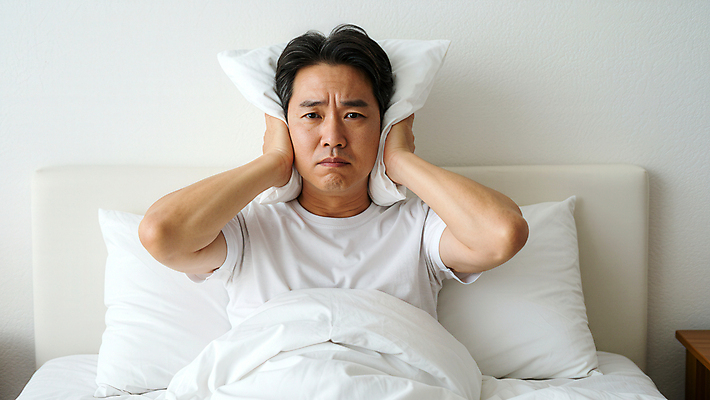 JPG 편집이미지 남자 중년 베개 스트레스 한명 앉기 상반신 침실 이불 고통 침대 찡그림 귀막기 층간소음 의료성형뷰티 중년남자한명만 편집실사 AI인물포토 AI콘텐츠 1 감정 가구 침구 모션 표정 사람 손짓 성인 CG 소음 남자한명만 중년남자만 파일형식 AI포토